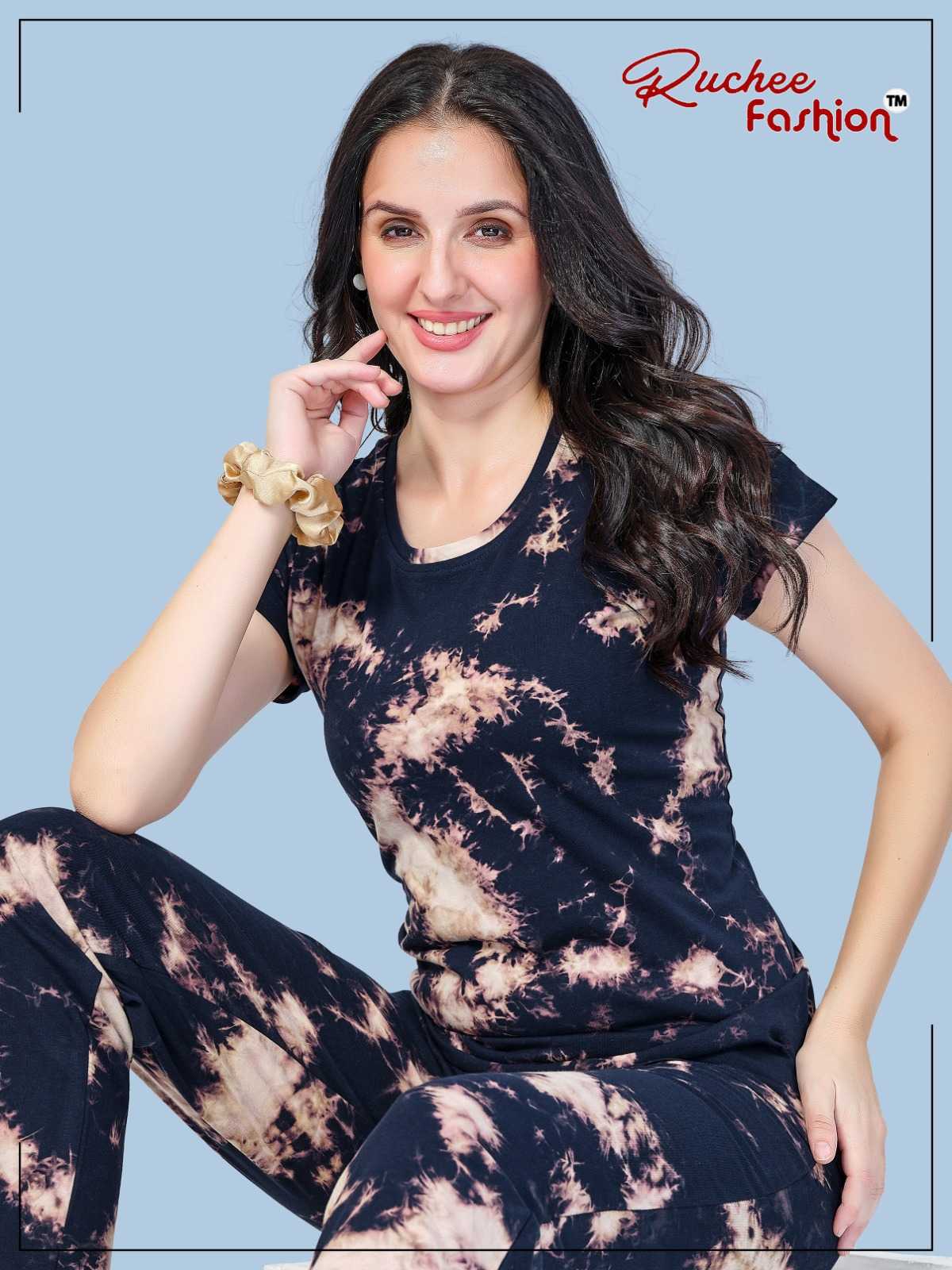 ruchee fashion readymade tie die hosiery stylish round neck night suit exports