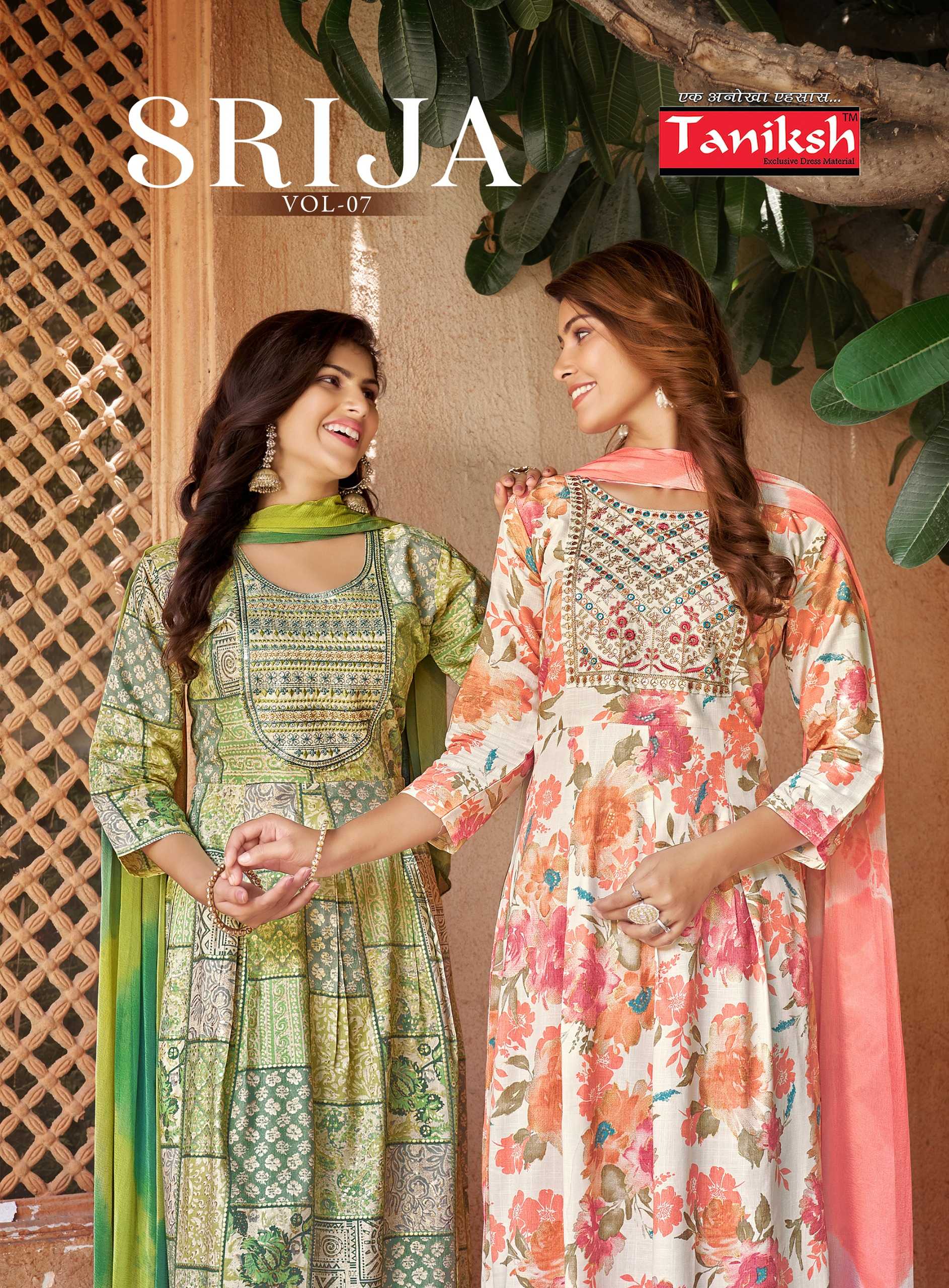 srija vol 7 by taniksh rayon print anarkali style embroidery work readymade salwar kameez 