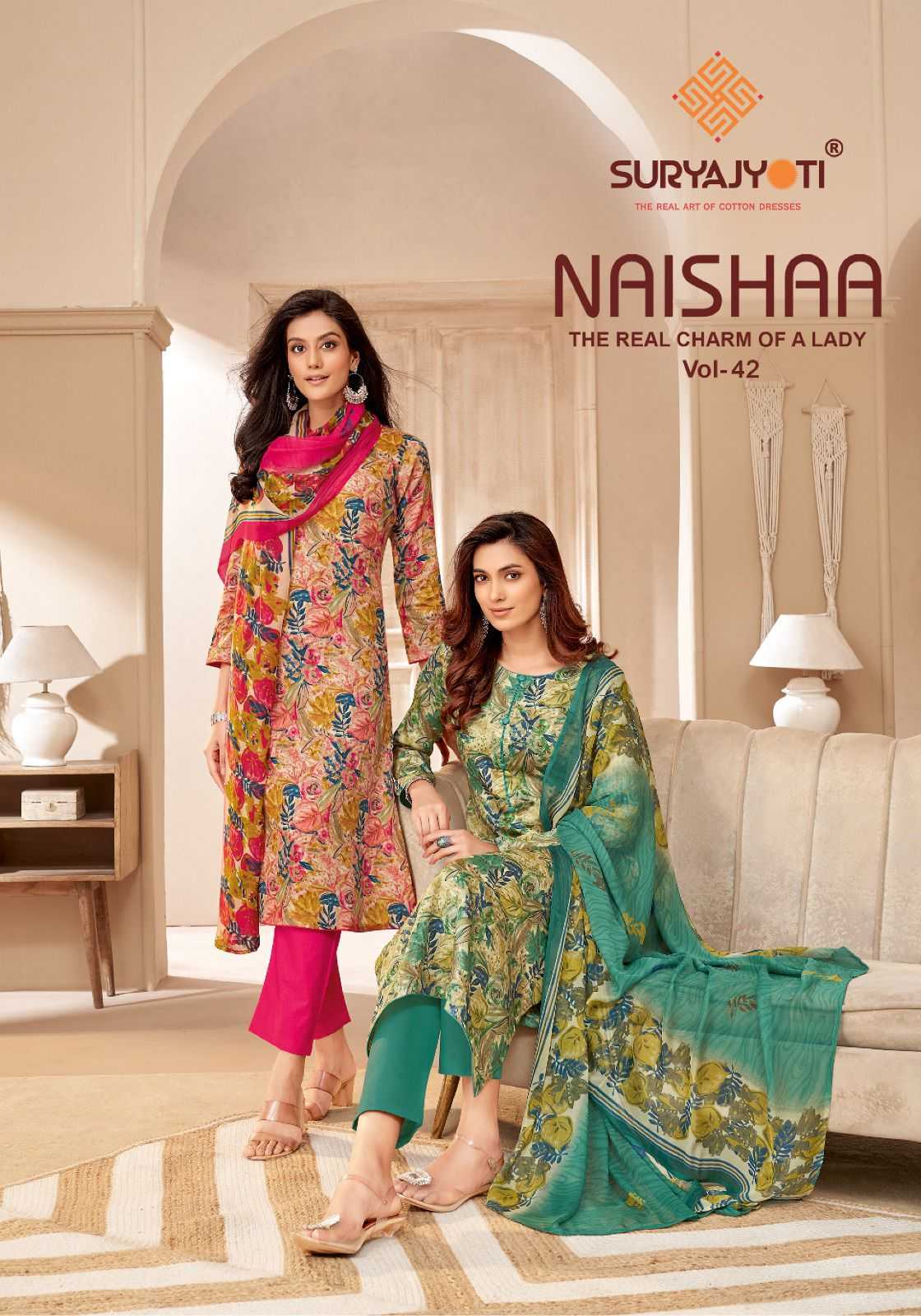 suryajyoti naishaa vol 42 fancy jam satin regular wear printed salwar kameez