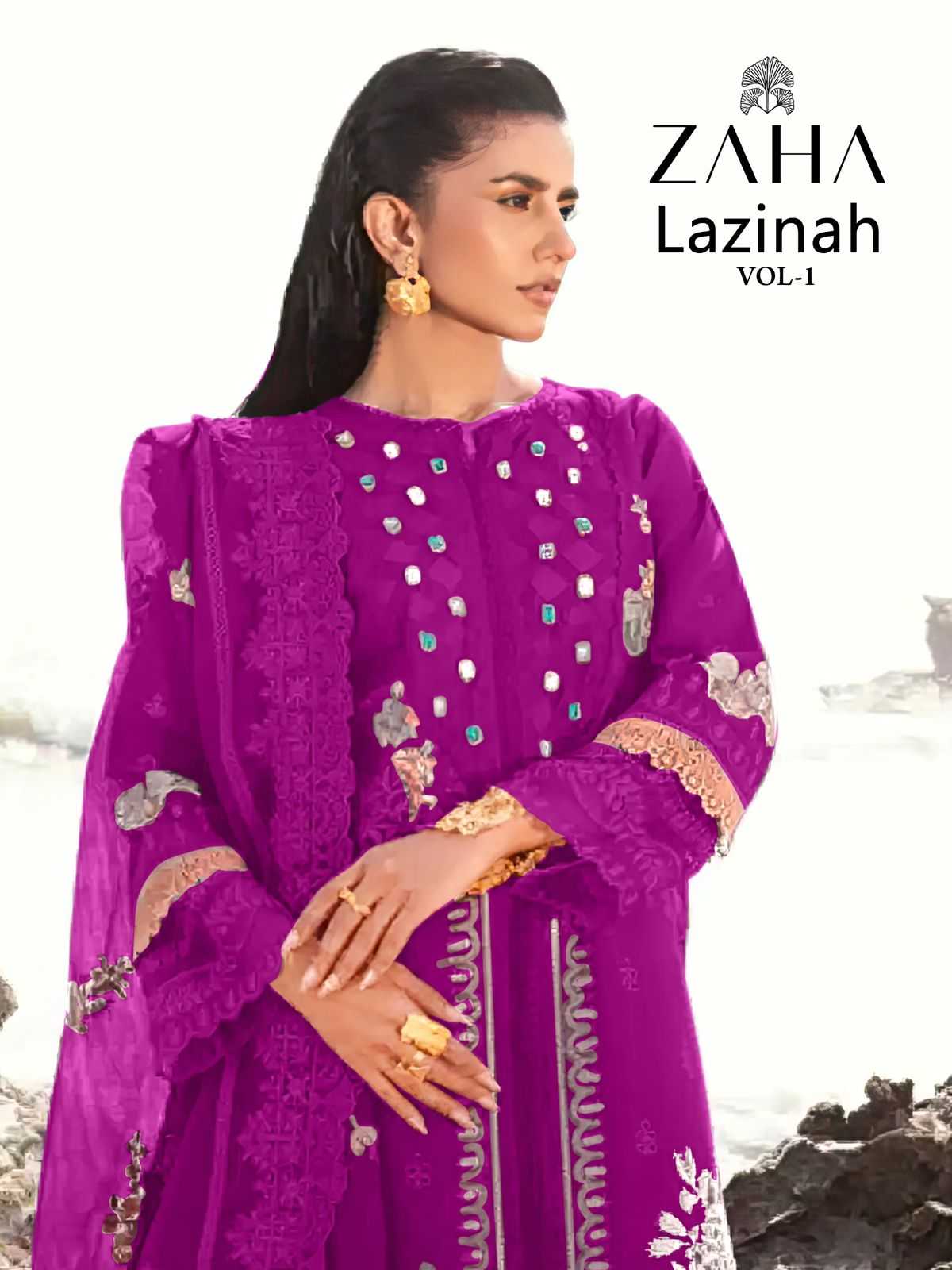 zaha launch lazinah fancy cotton heavy embroidery work stylish pakistani dress material