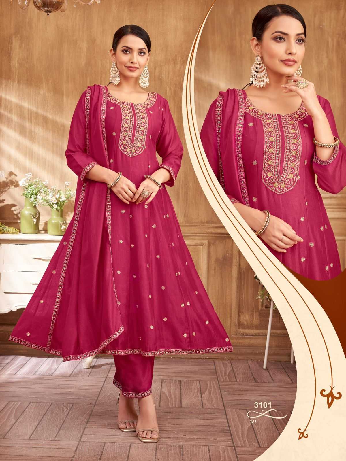 3099 to 3102 by ladies flavour vichitra with embroidery work full stitch 3pcs dress