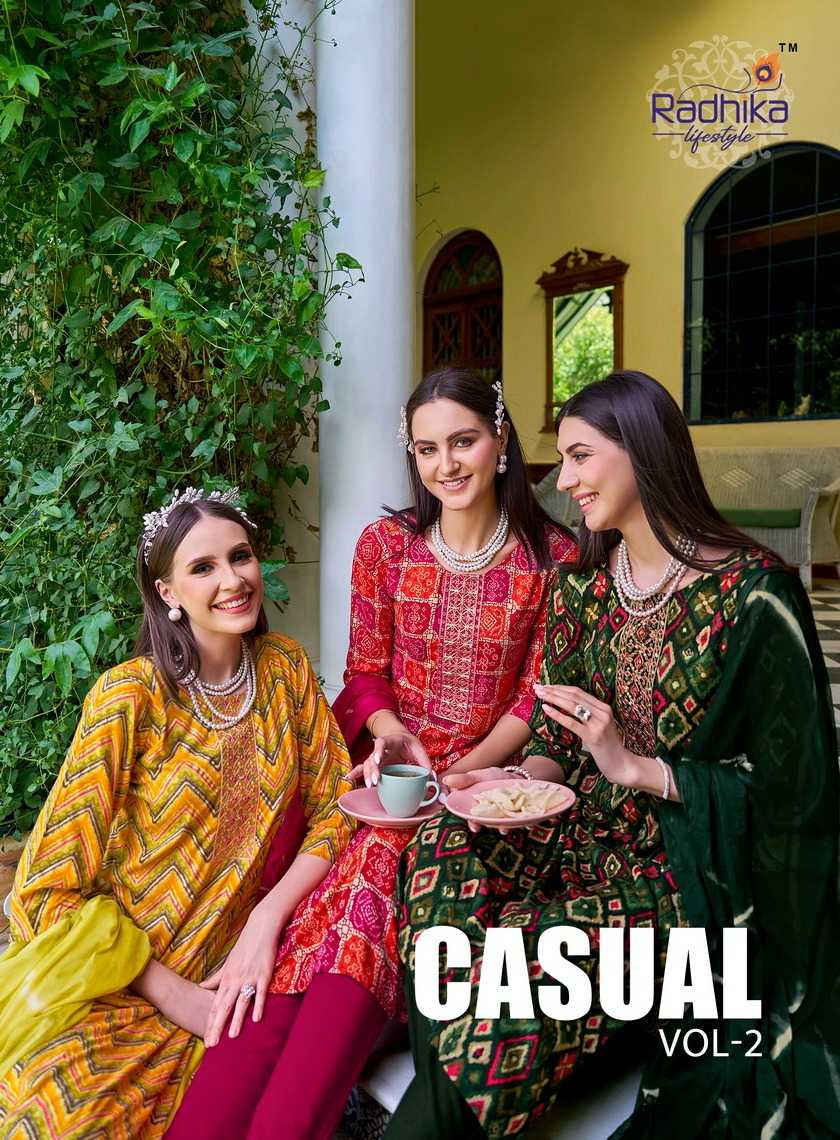 casual vol 2 by radhika lifestyle casual wear rayon print readymade 3pcs dress