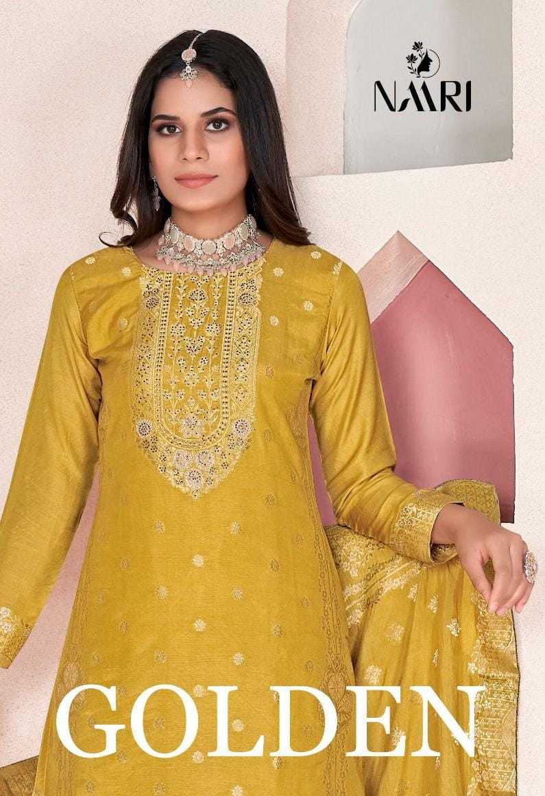 golden by naari muslin dola jacquard siroski work fashionable pakistani salwar suit 