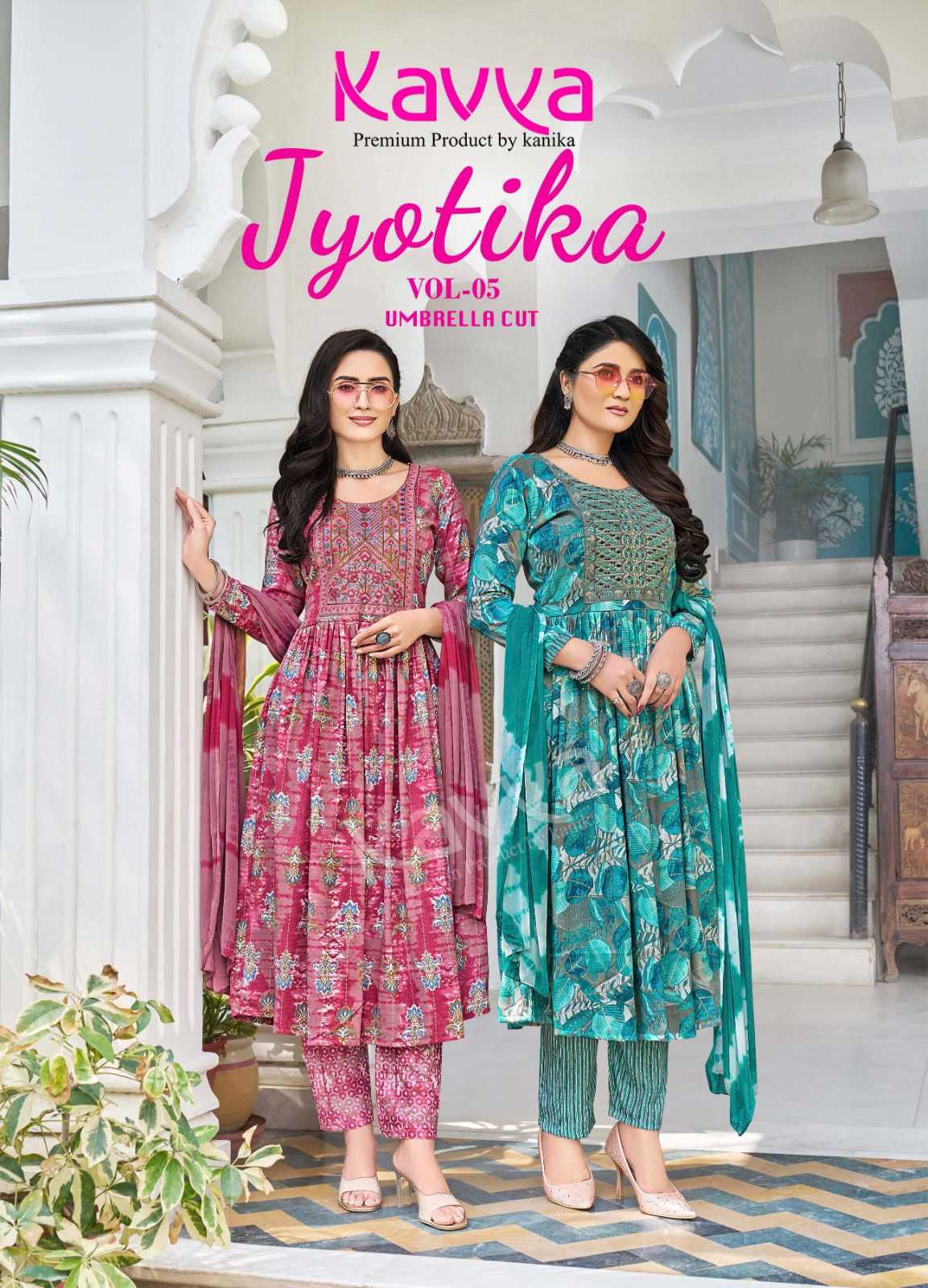 kavya jyotika vol 5 umbrella cut foil print readymade salwar suit