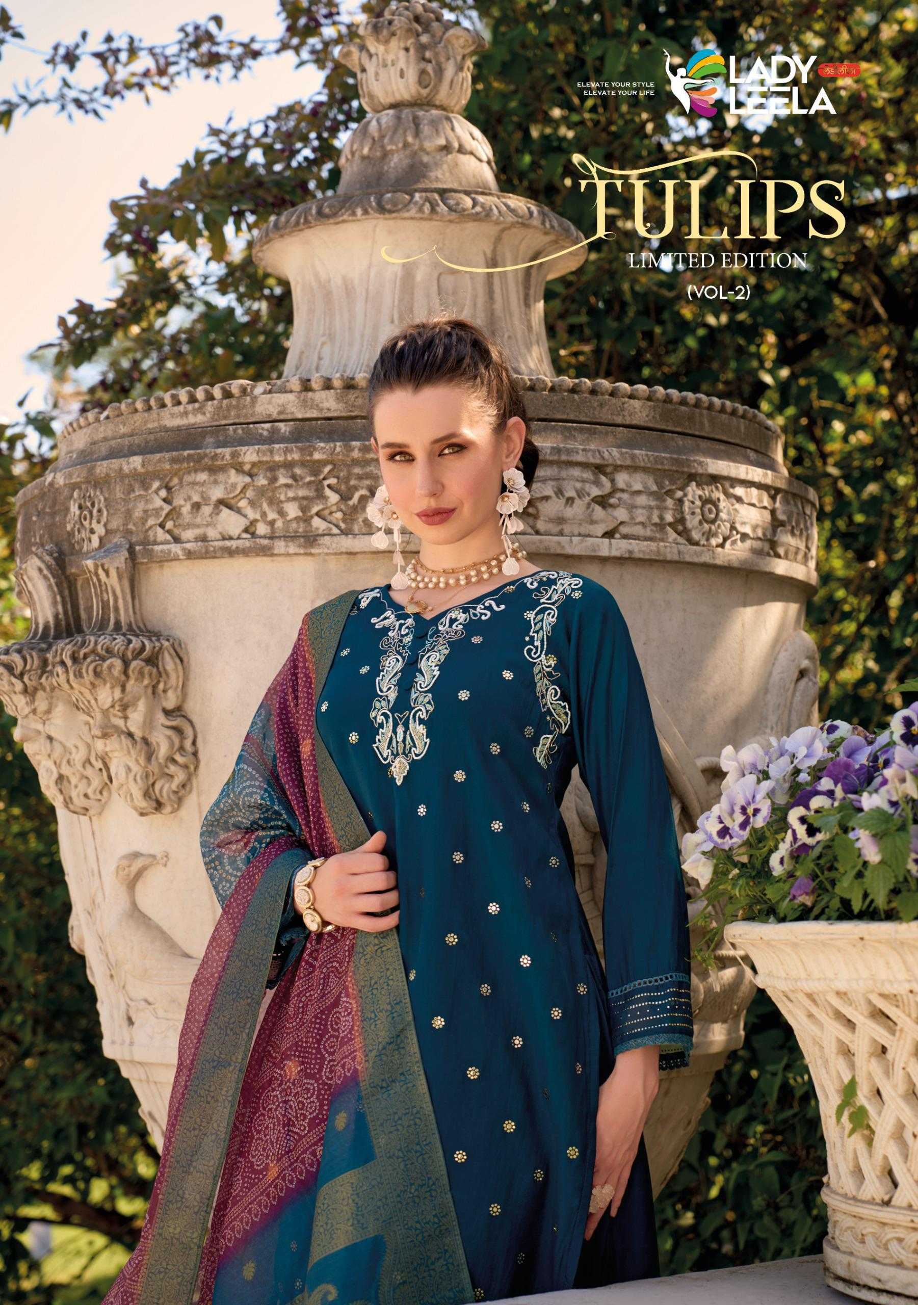 lady leela tulips vol 2 viscose silk exclusive design fully stitch top pant dupatta