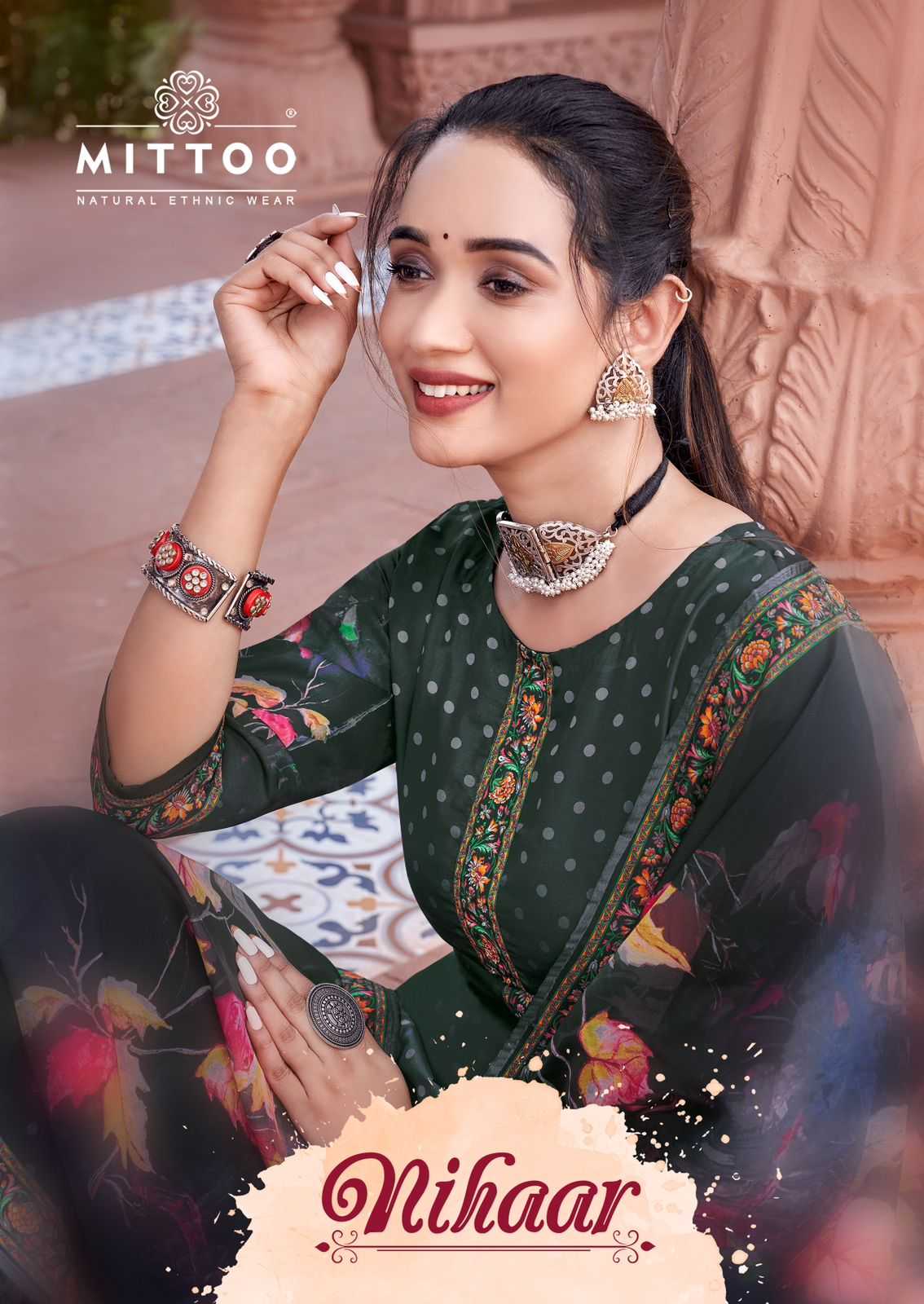 nihar by mittoo satin print thread & handwork full stitch pretty look 3pcs dress