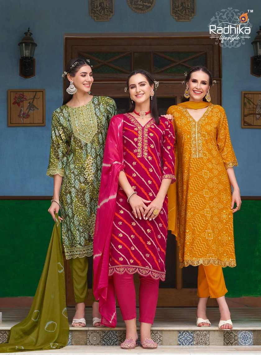 rivazo vol 1 by radhika embroidery work full stitch pretty look big size 3pcs dress