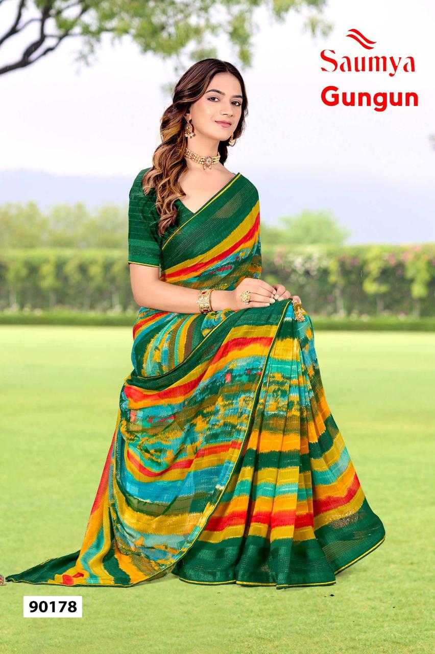 saumya gungun georgette viscose border amazing print daily wear saree
