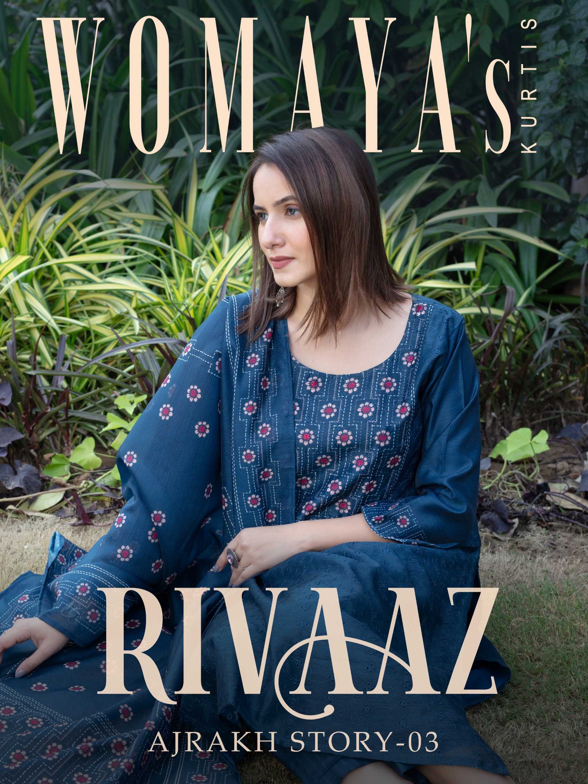 womaya rivaaz ajrakh story vol 3 modal print pretty look chikan work full stitch dress