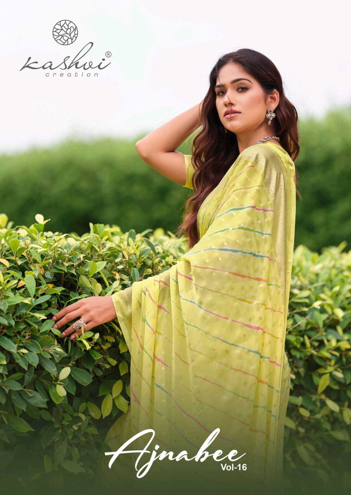 ajnabee vol 16 by kashvi creation dull moss new trendy saree online traders
