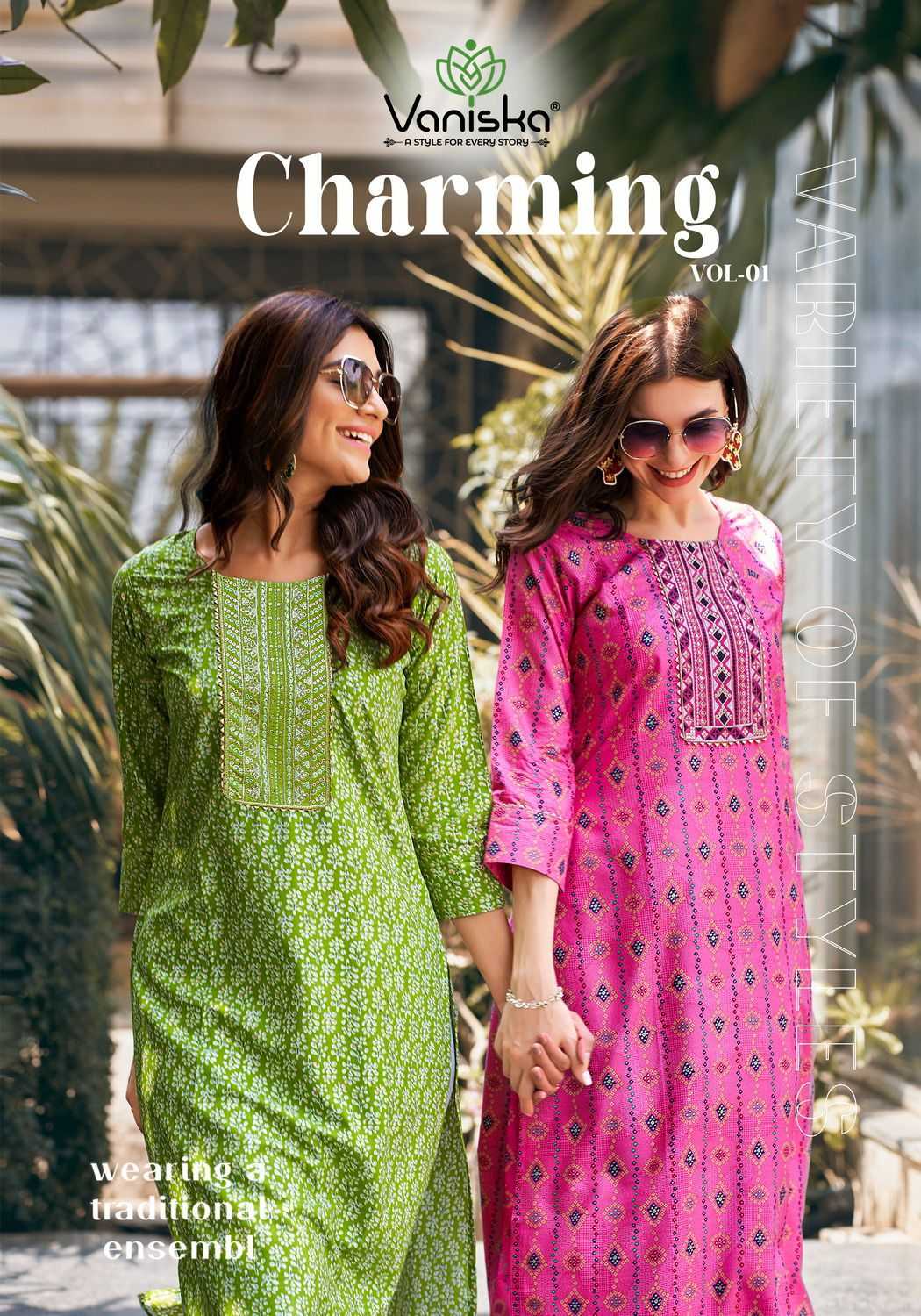 charming by vaniska colourpix rayon print full stitch daily wear big size long kurti 