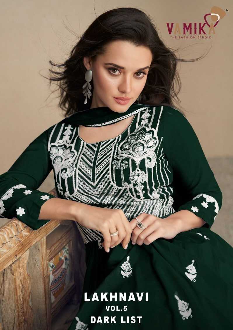 lakhnavi vol 5 dark list by vamika rayon palazzo style fashionable fullstitch 3pcs dress 