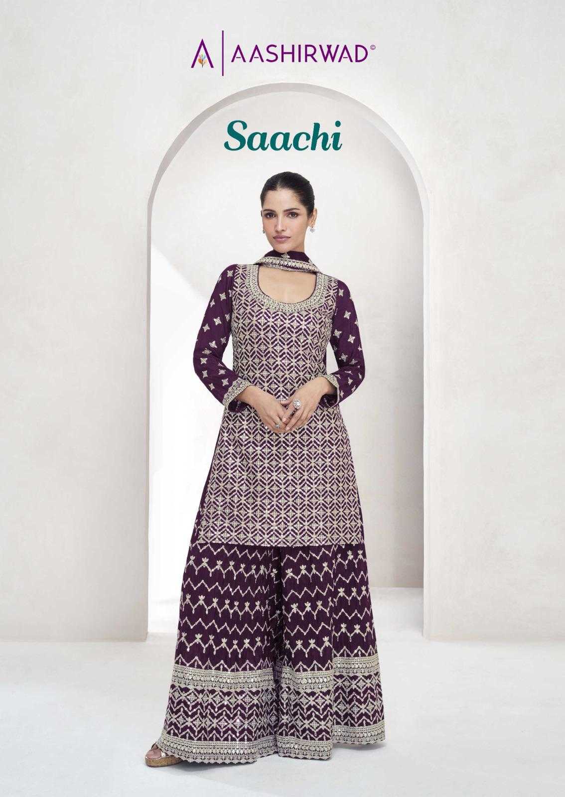 saachi by aashirwad creation chinnon silk premium full stitch 3pcs dress
