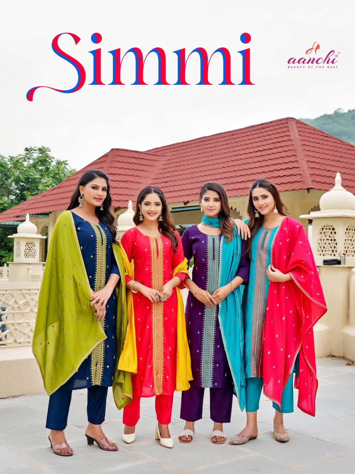 simmi by aanchi roman silk attractive look readymade straight cut 3pcs dress