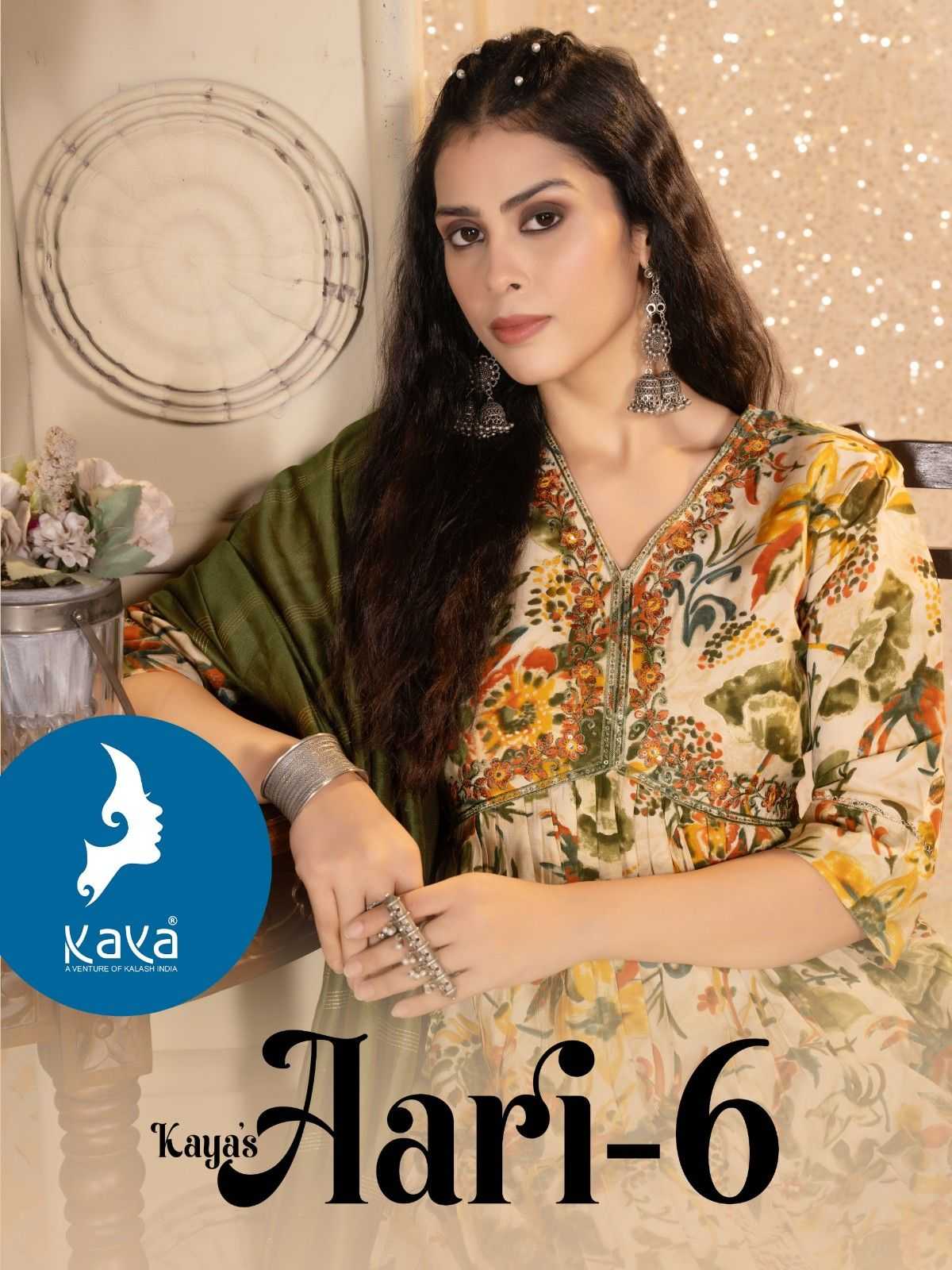 aari vol 6 by kaya chanderi modal print aliya cut stylish readymade big size ladies suit 