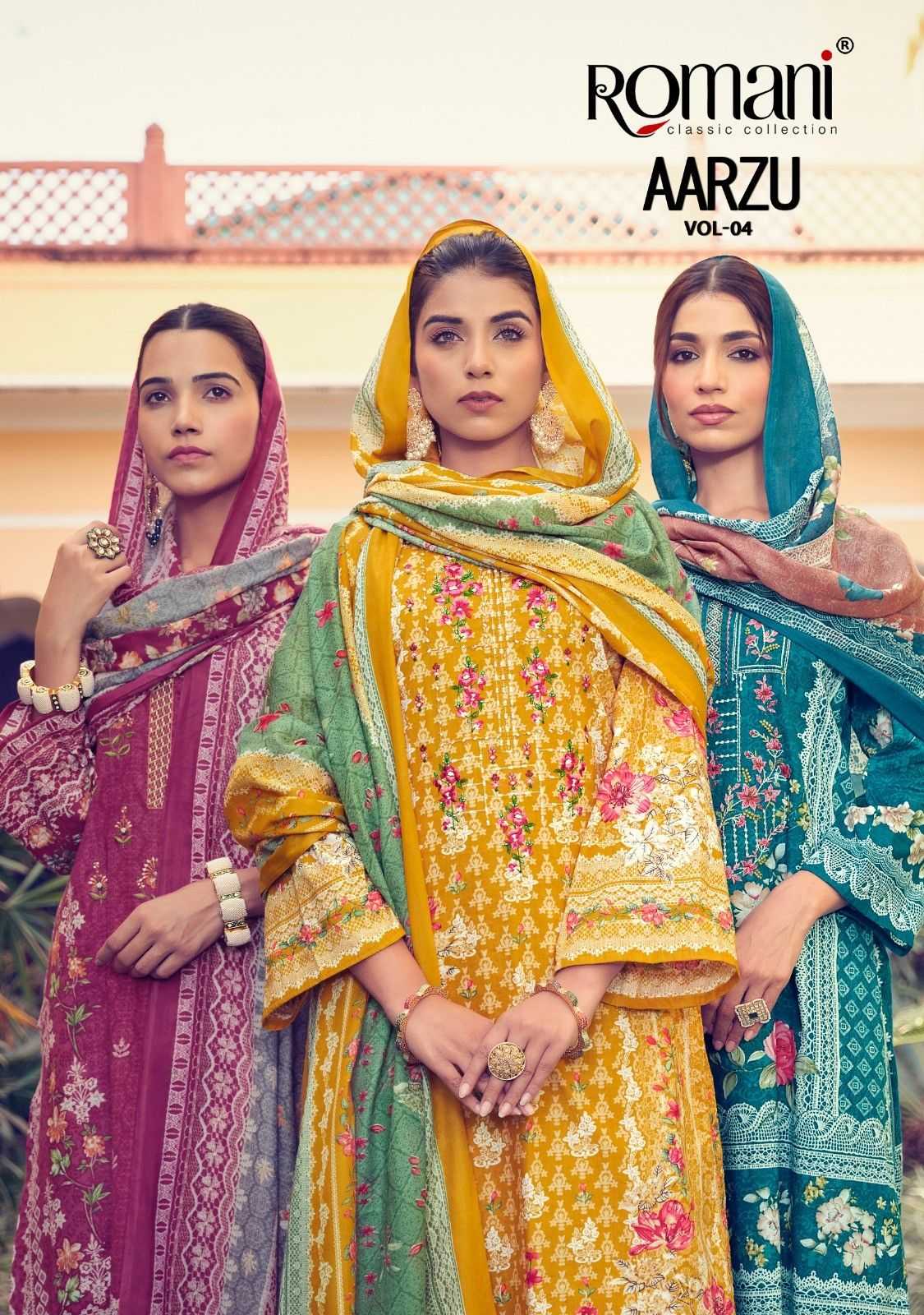 aarzu vol 4 by romani digital printed embroidery cotton suits