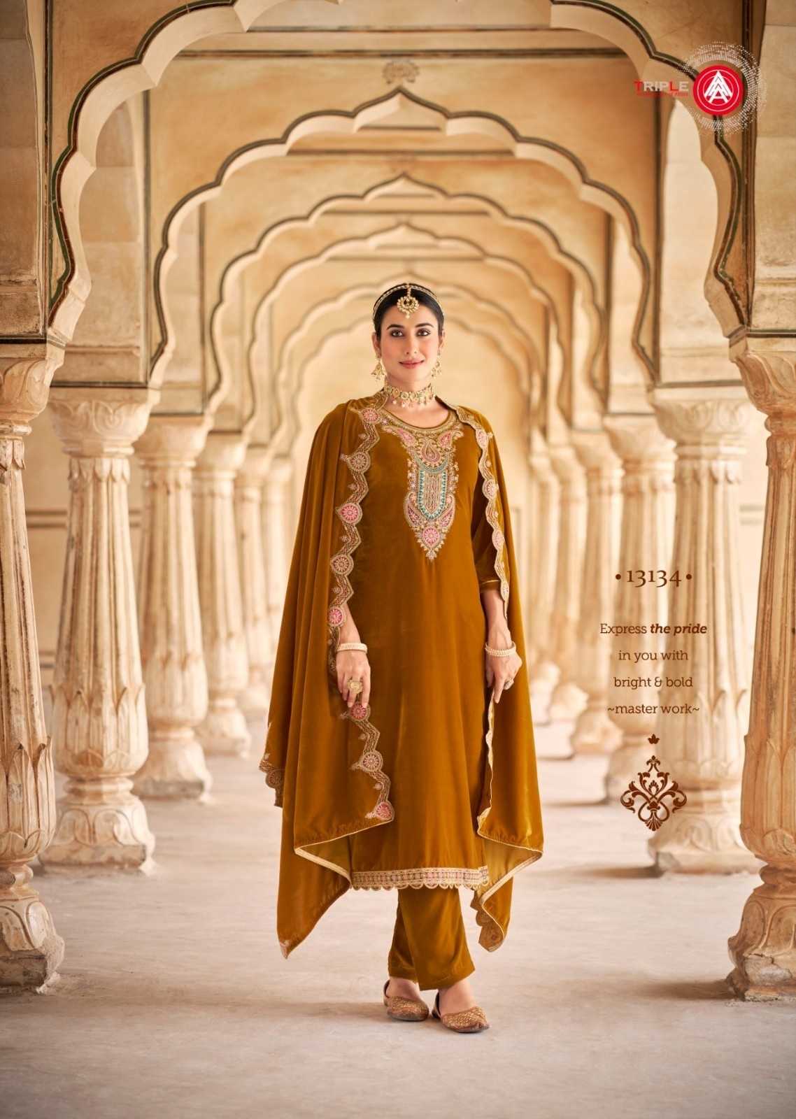 adakari by triple a viscose velvet winter special ladies suits