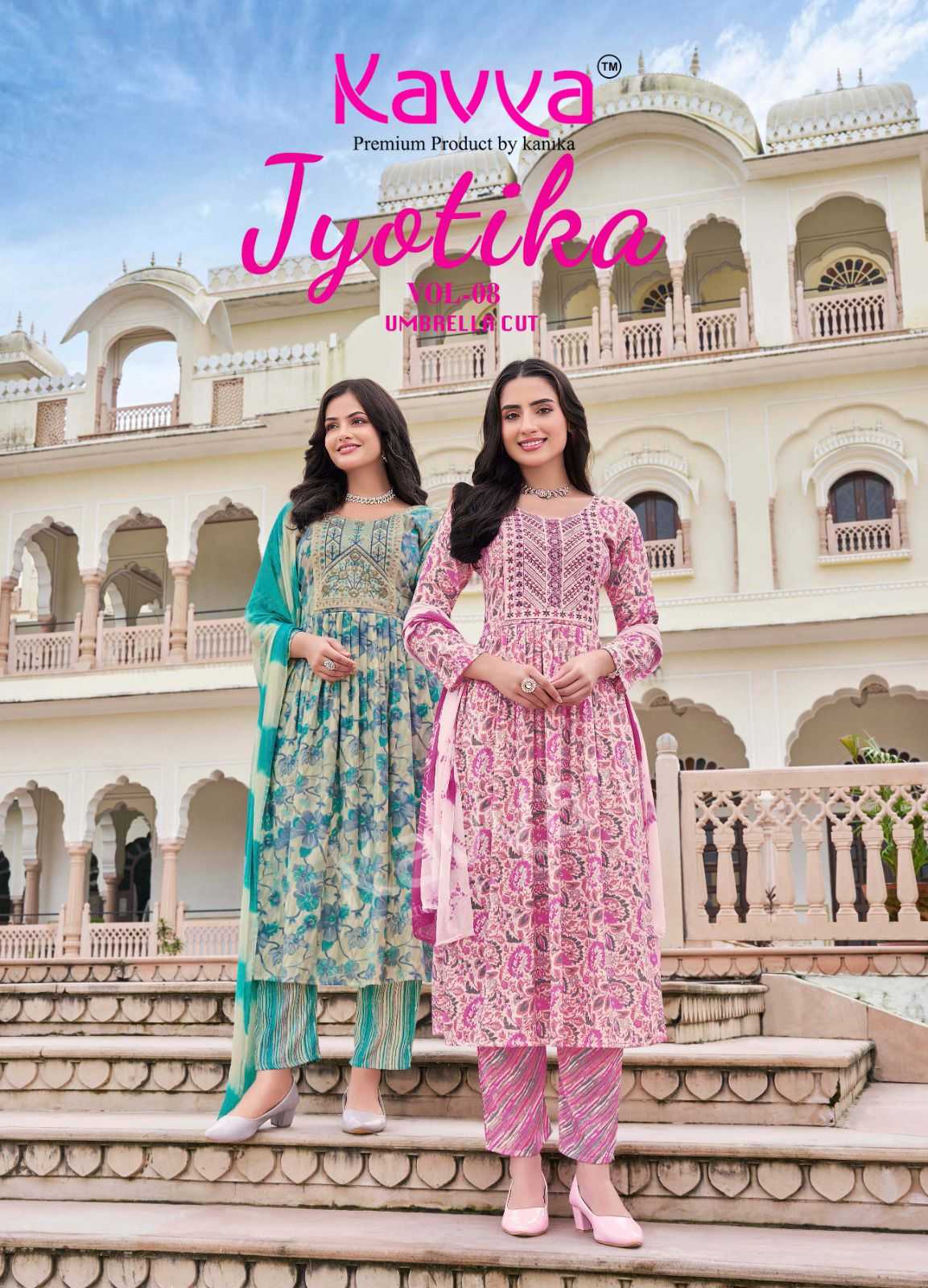 kavya jyotika vol 8 hit design umbrella cut capsule print readymade 3pcs suit 
