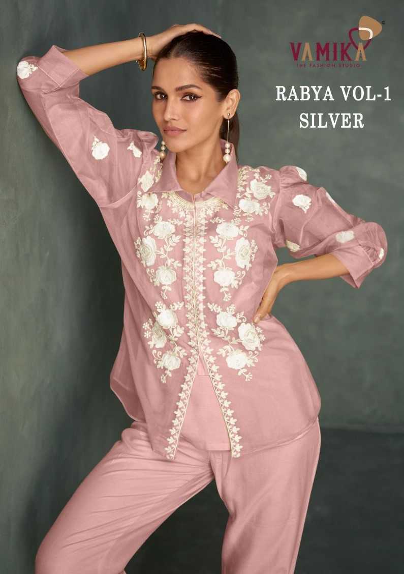 rabya vol 1 silver by vamika white work organza readymade attractive co-ord set