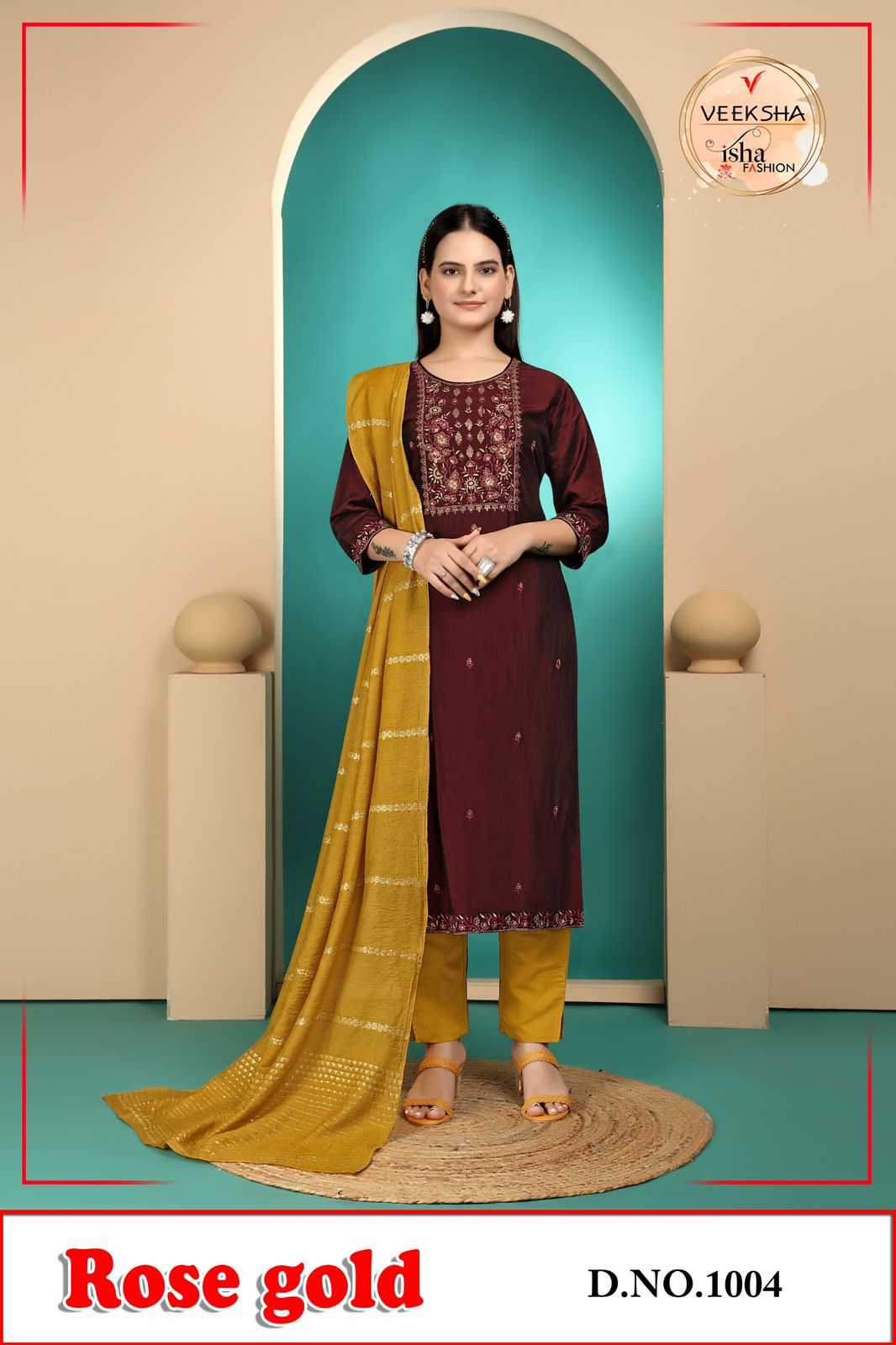 rose gold by veeksha 1001-1006 rangella silk readymade casual combo 3pcs dress