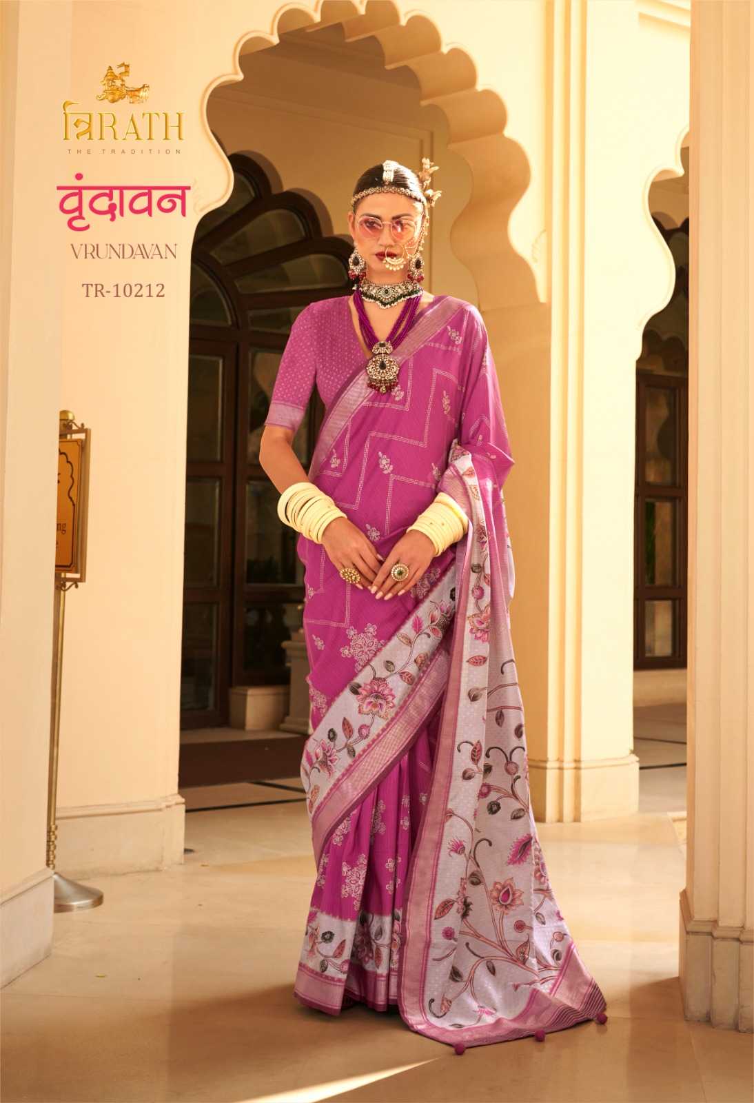 vrundavan by trirath floral printed 3 colour matching silk saree