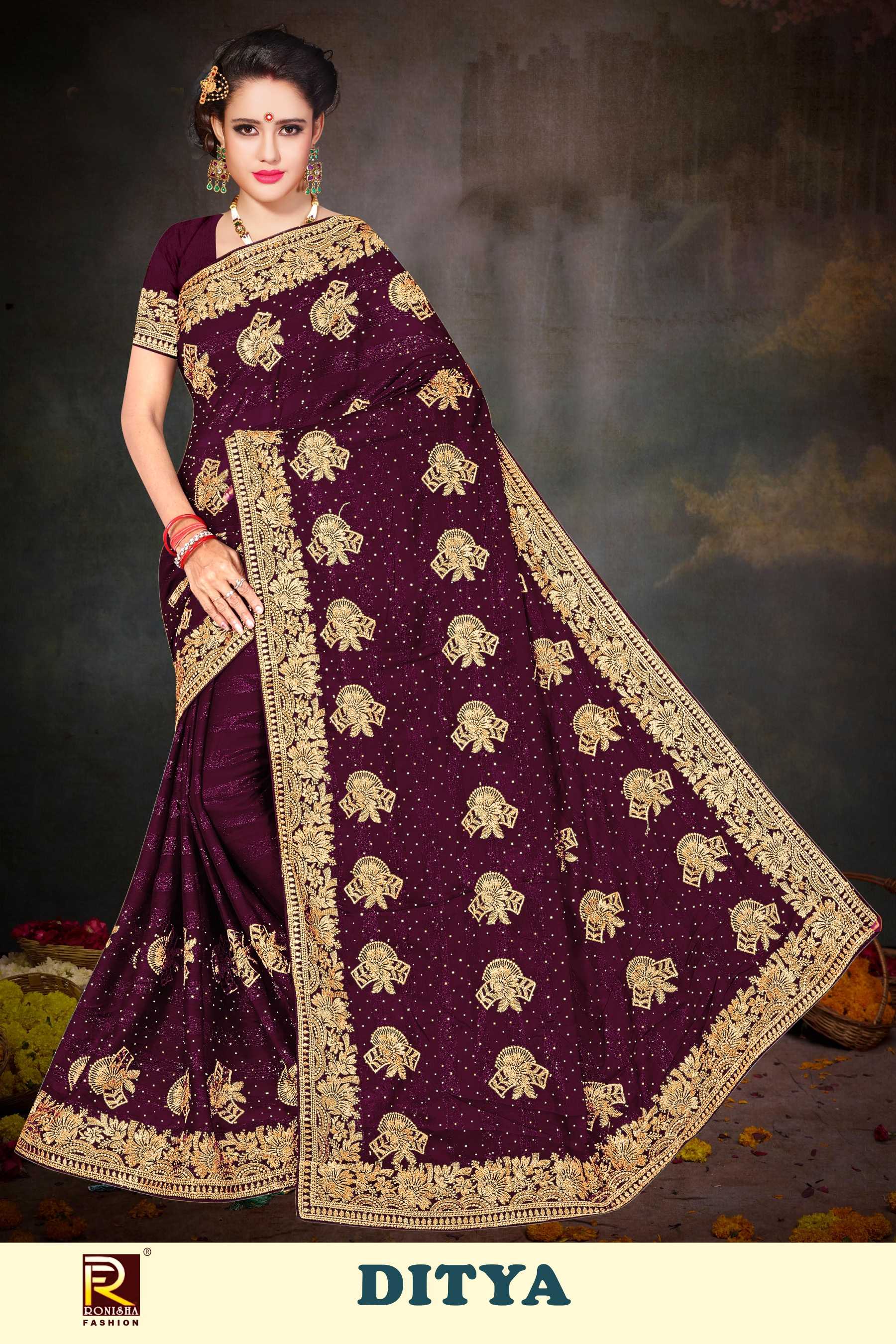 DITYA  BY RANJNA SAREE RIMZIN FABRICS SIROSKI DIAMOND WORK  & EMBROIDERY WORK FANCY SUPER HIT COLLECTION SAREES
