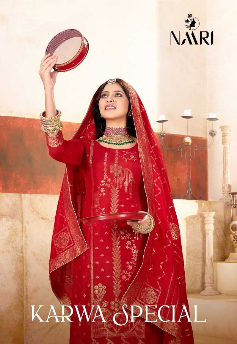 naari karwa special muslin jacquard designer 3pcs dress