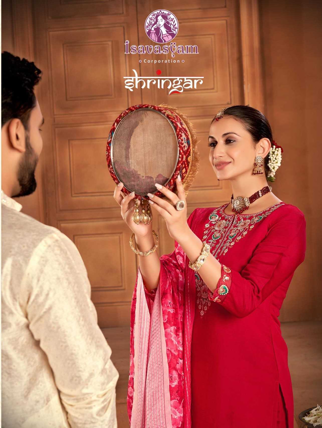 shringar by isavasyam corporation roman silk fancy combo set full stitch dress