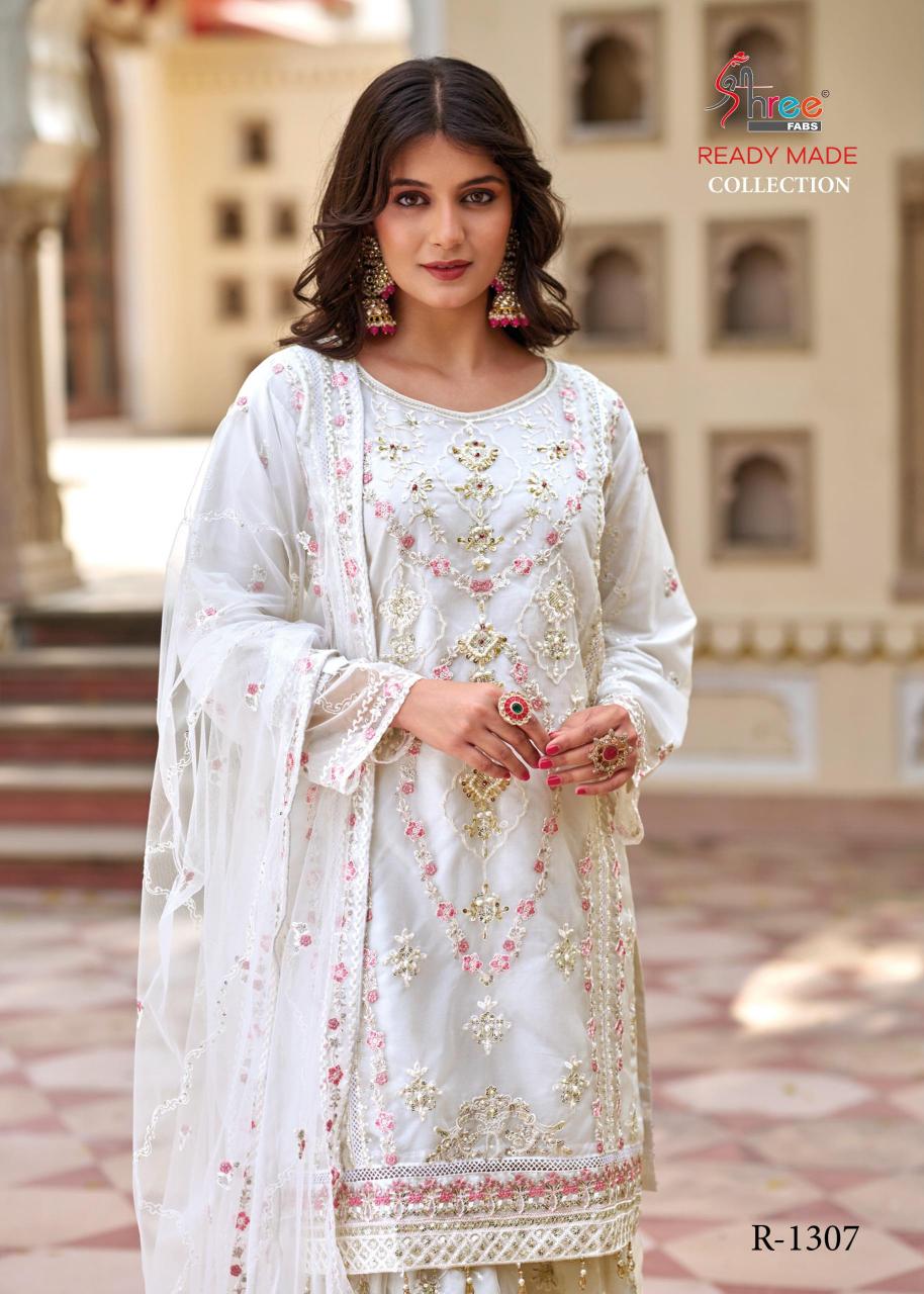 r 1307 by shree fabs designer work organza readymade suits with sharara