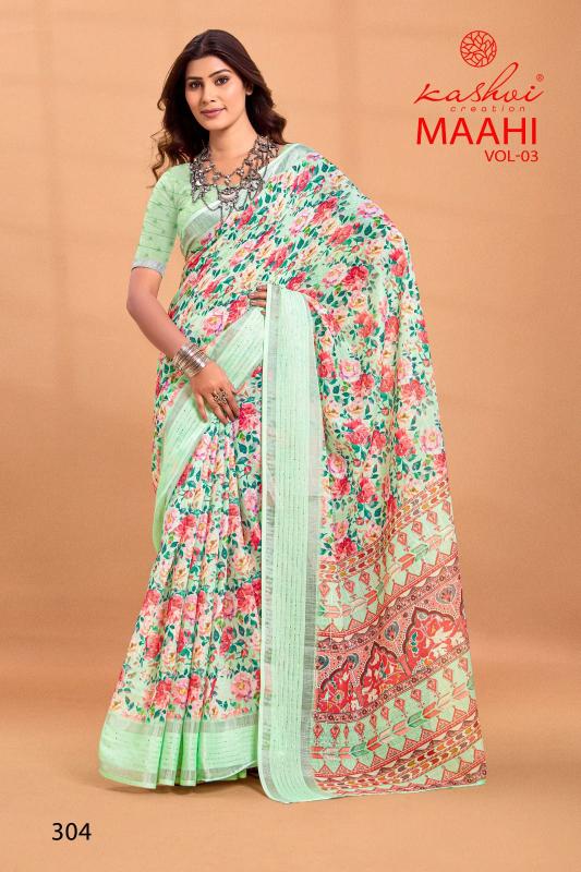 maahi vol 3 by kashvi creation linen weaving pattern new trendy saree online 