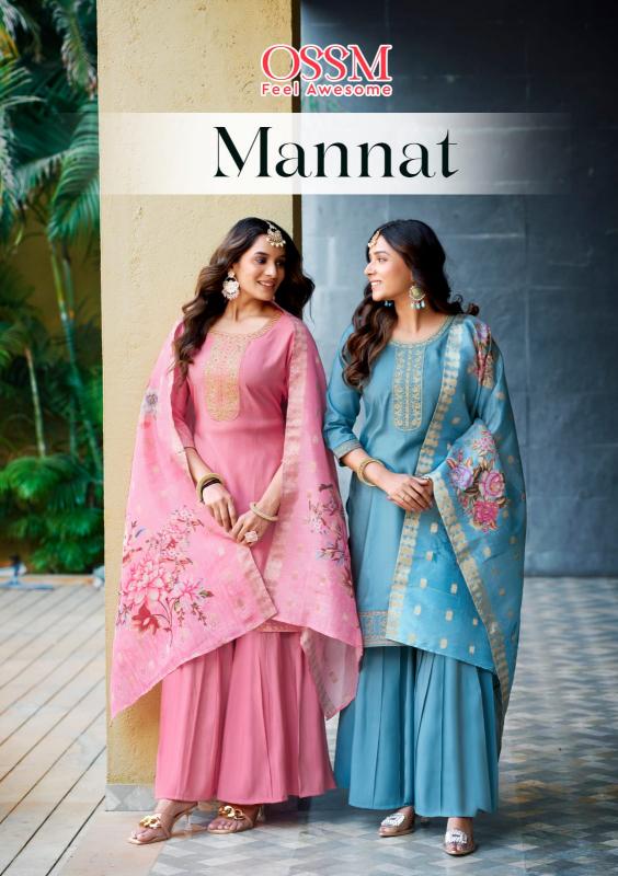 mannat by ossm viscose roman simmer silk full stitch traditional sharara suit 