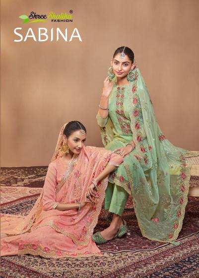 shree shalika presents sabina stylish look organza suit material for women