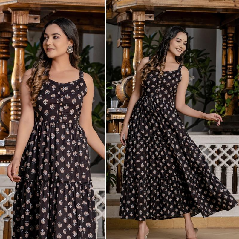 cotton sleeveless ruffle readymade daily wear fancy maxi dress online 