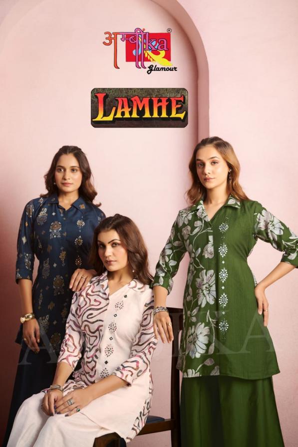 ambika lamhe vertican classic look fully stitch kurti with plazzo combo sets 