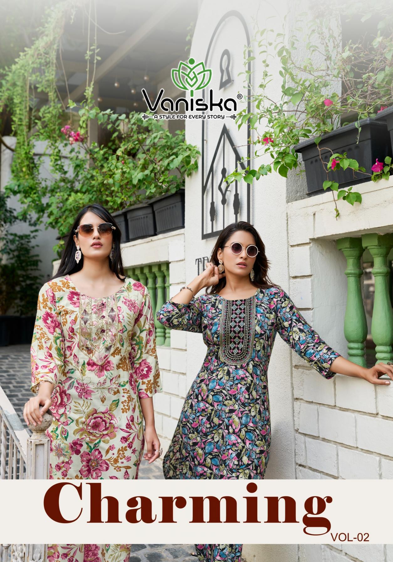 charming vol 2 by vaniska colourpix rayon readymade plus size long kurtis 