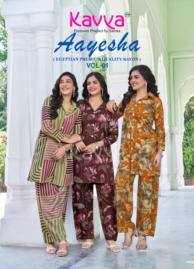 kavya aayesha vol 1 pretty look rayon fully stitch co-ord sets online 