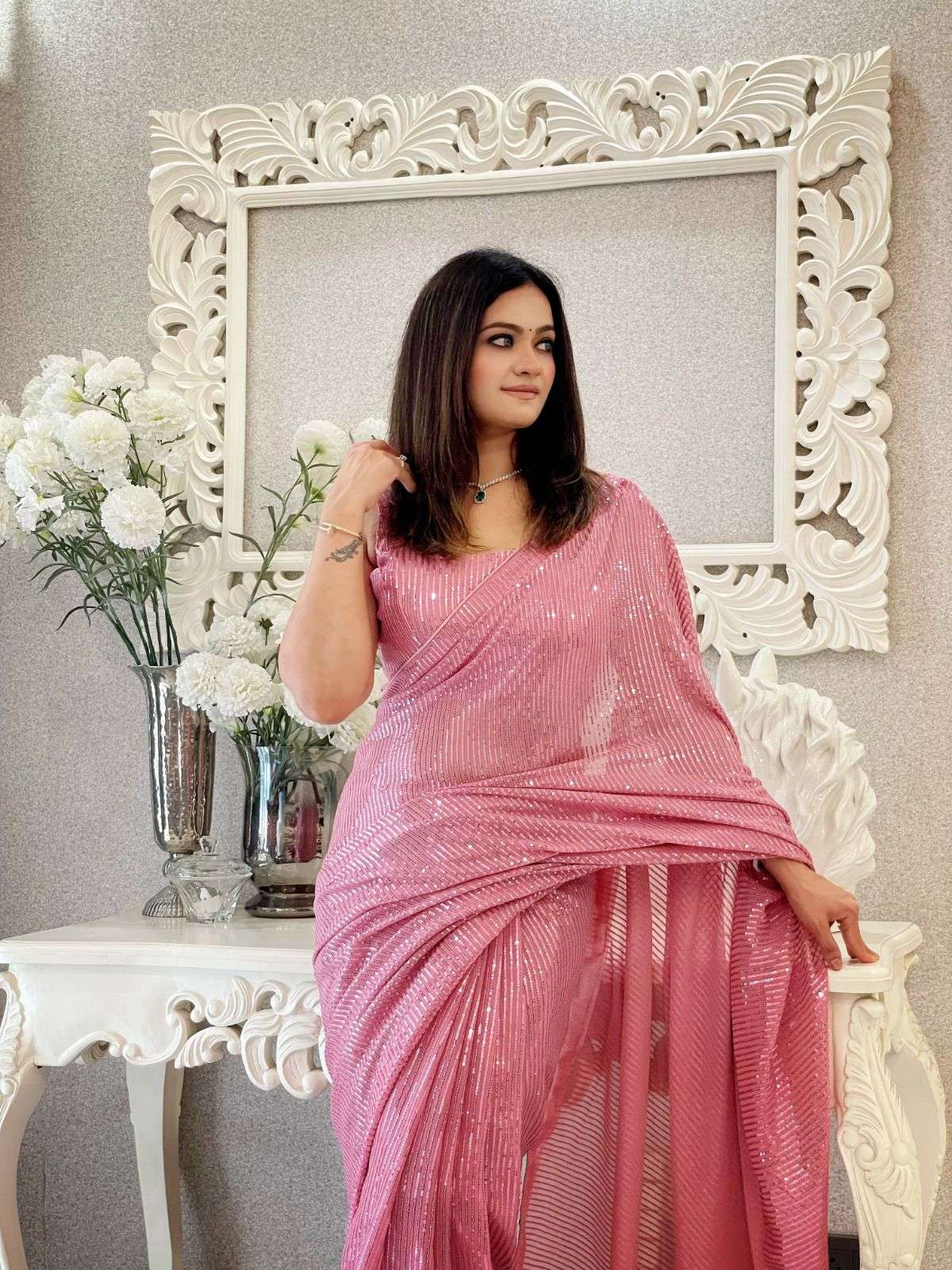 pr kc 760 beautiful look georgette sequence work saree with blouse 