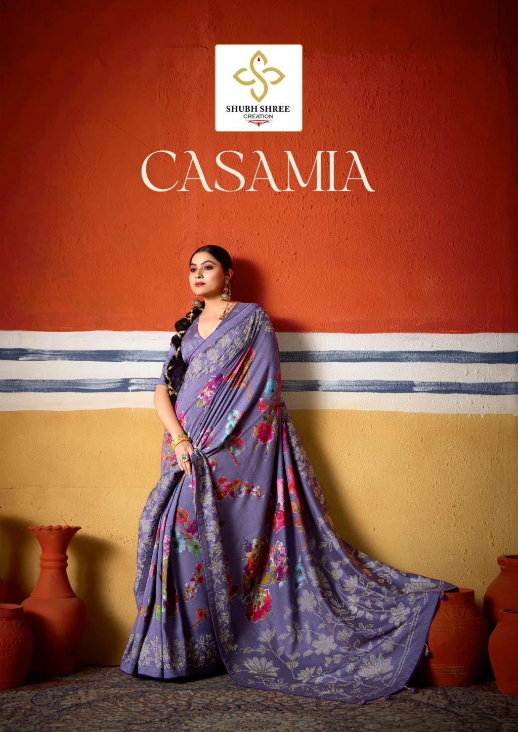 shubh shree creation casamia velvet tusser silk designer saree for womens 