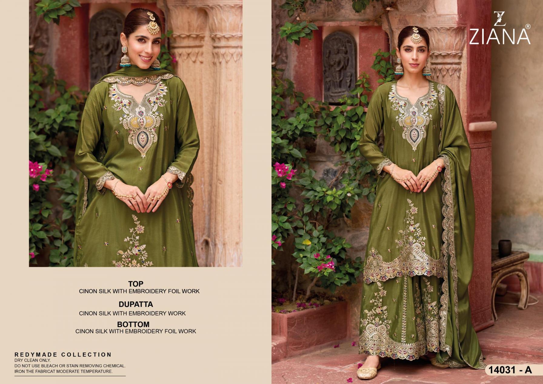 14031 by ziana chinon silk full stitch stylish combo pakistani plazzo 3pcs dress 