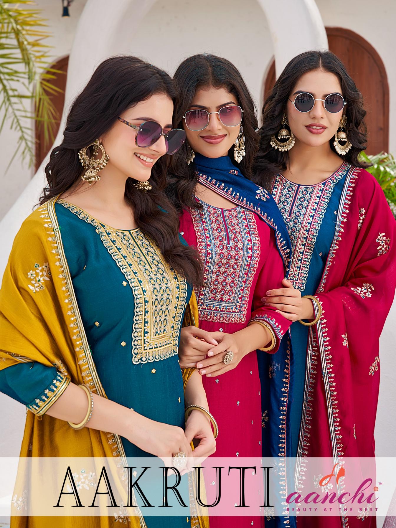 aanchi aakruti fancy vichitra silk fullstitch 3pcs set straight concept