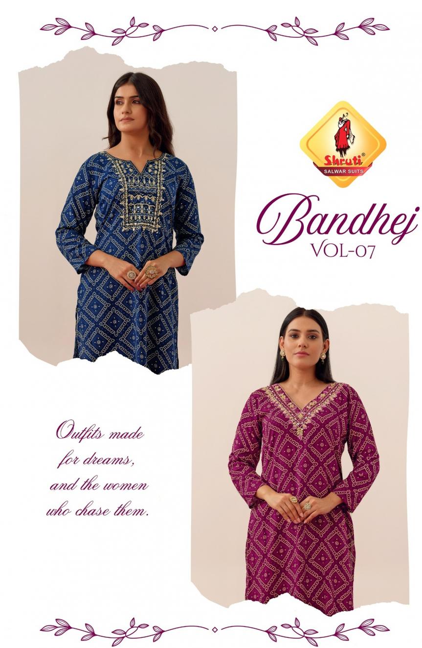 bandhej vol 7 by shruti modal rayon bandhani print readymade plus size long kurtis 