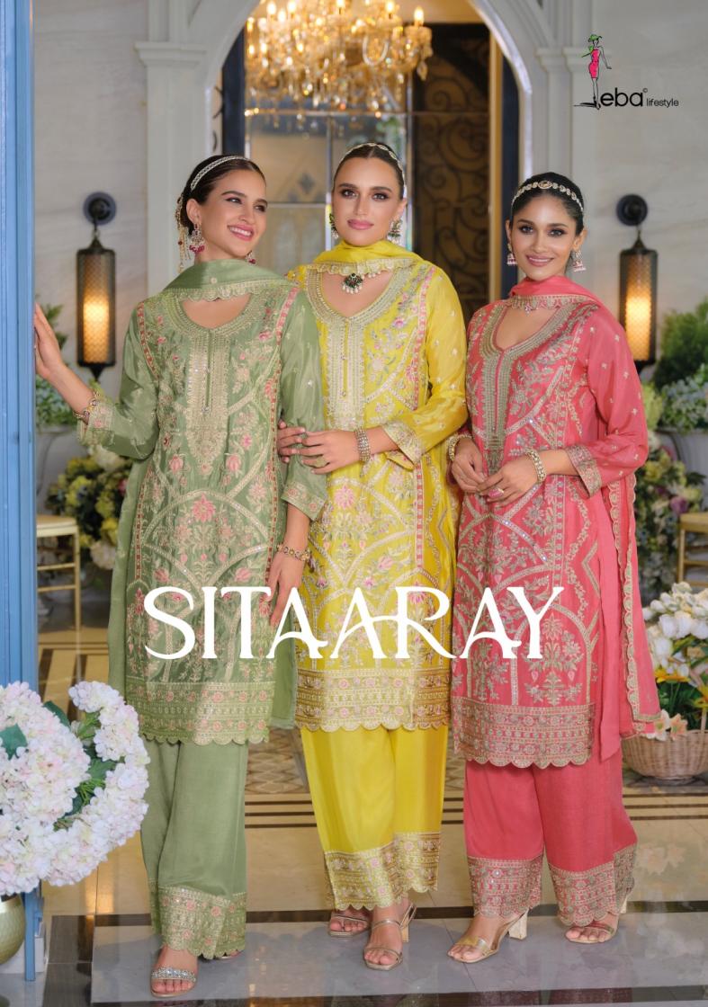 eba lifestyle sitaaray chinon embroidery work readymade party wear 3pcs dress