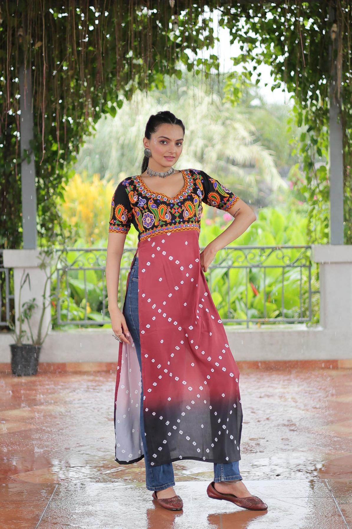 ka 1188 navratri special readymade rayon gamthi work long kurtis 