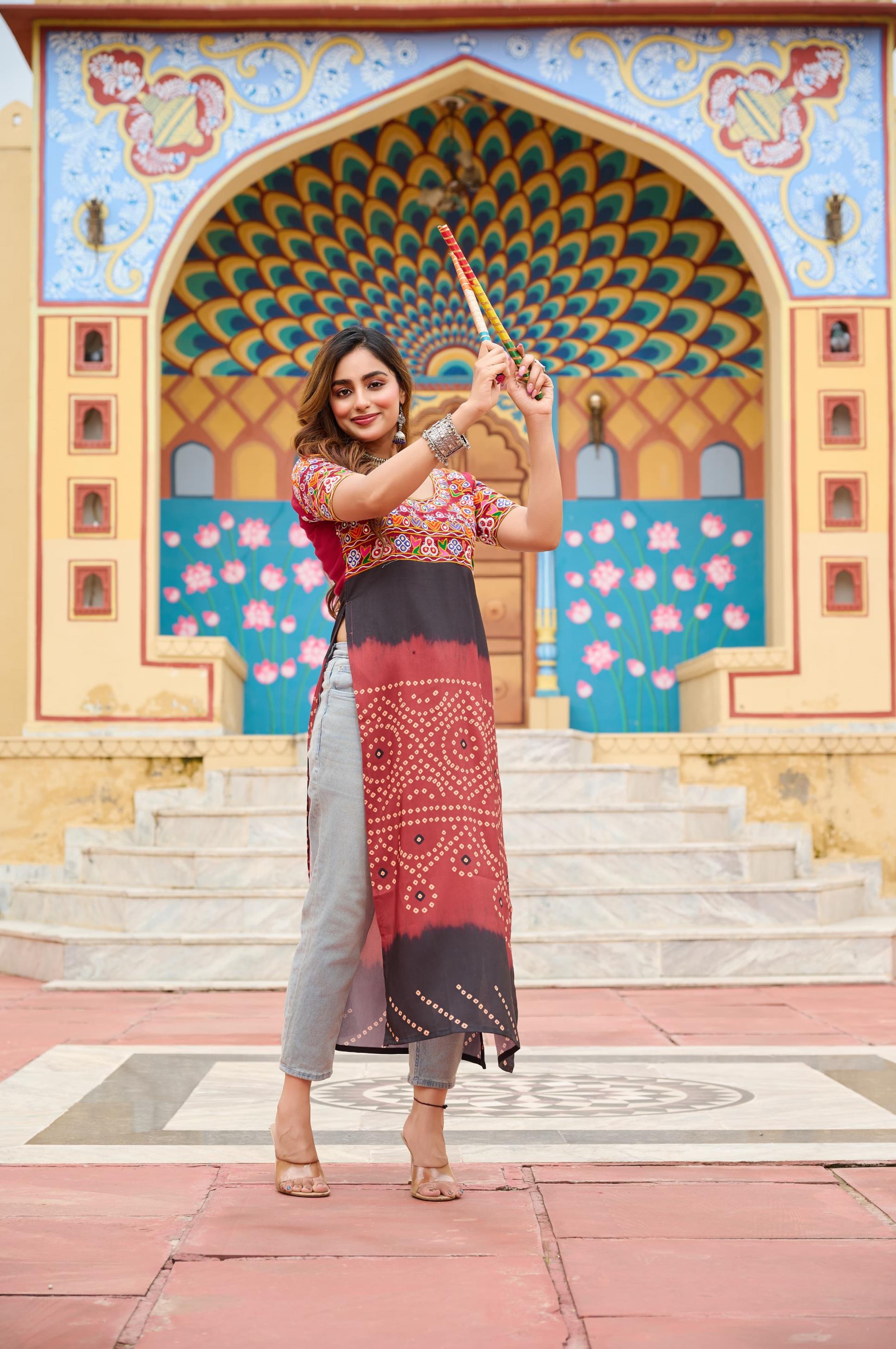 ka 1190 navratri special rayon fancy readymade long kurti for girls 
