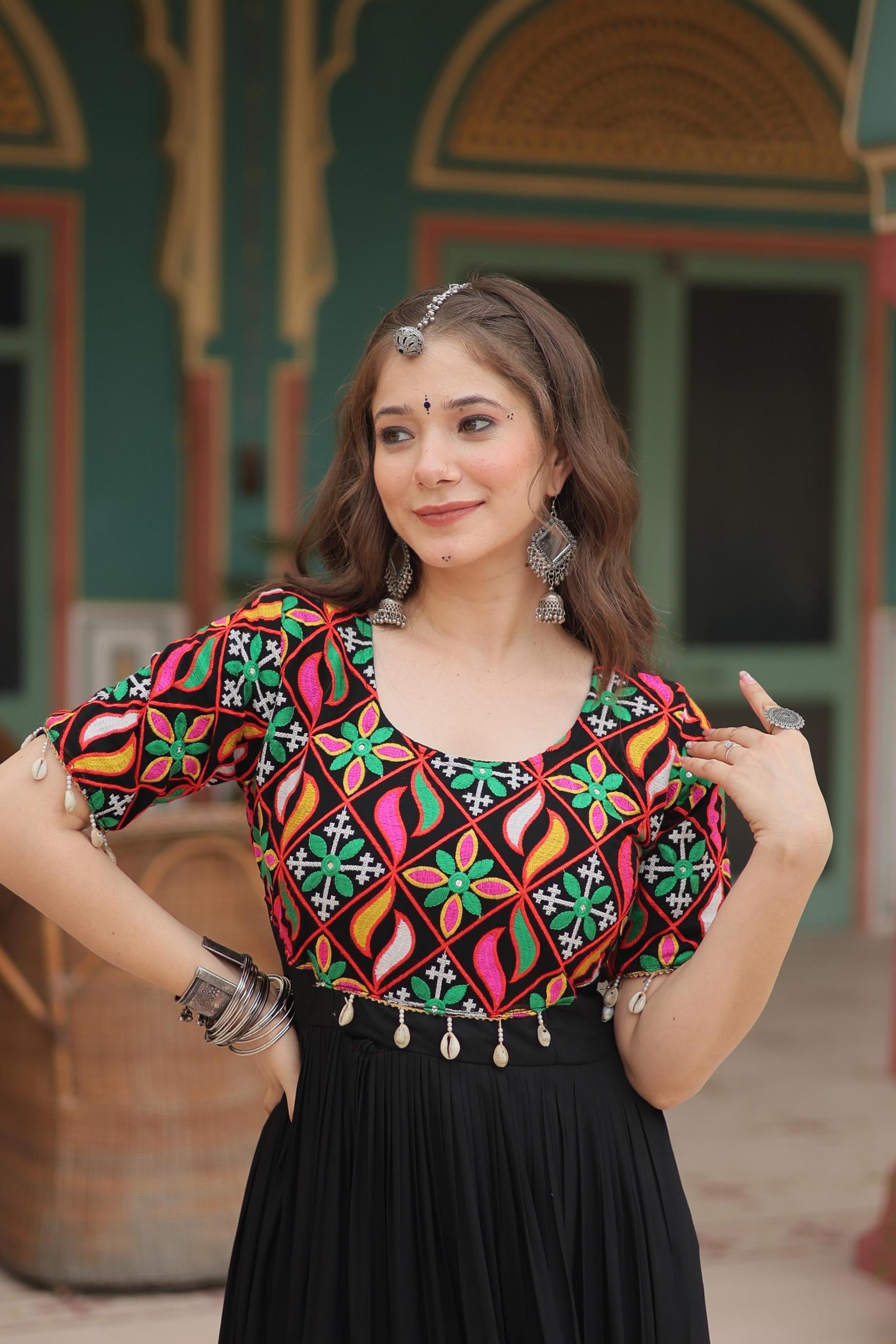 lw 9188 rayon gamthi work readymade fashionable navratri gowns online 