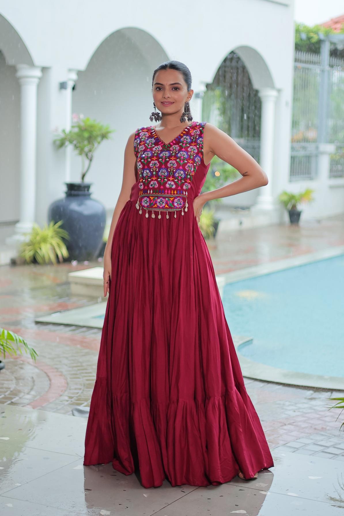 lw 9258 fully stitch rayon gamthi thread work navratri special gowns for girls 