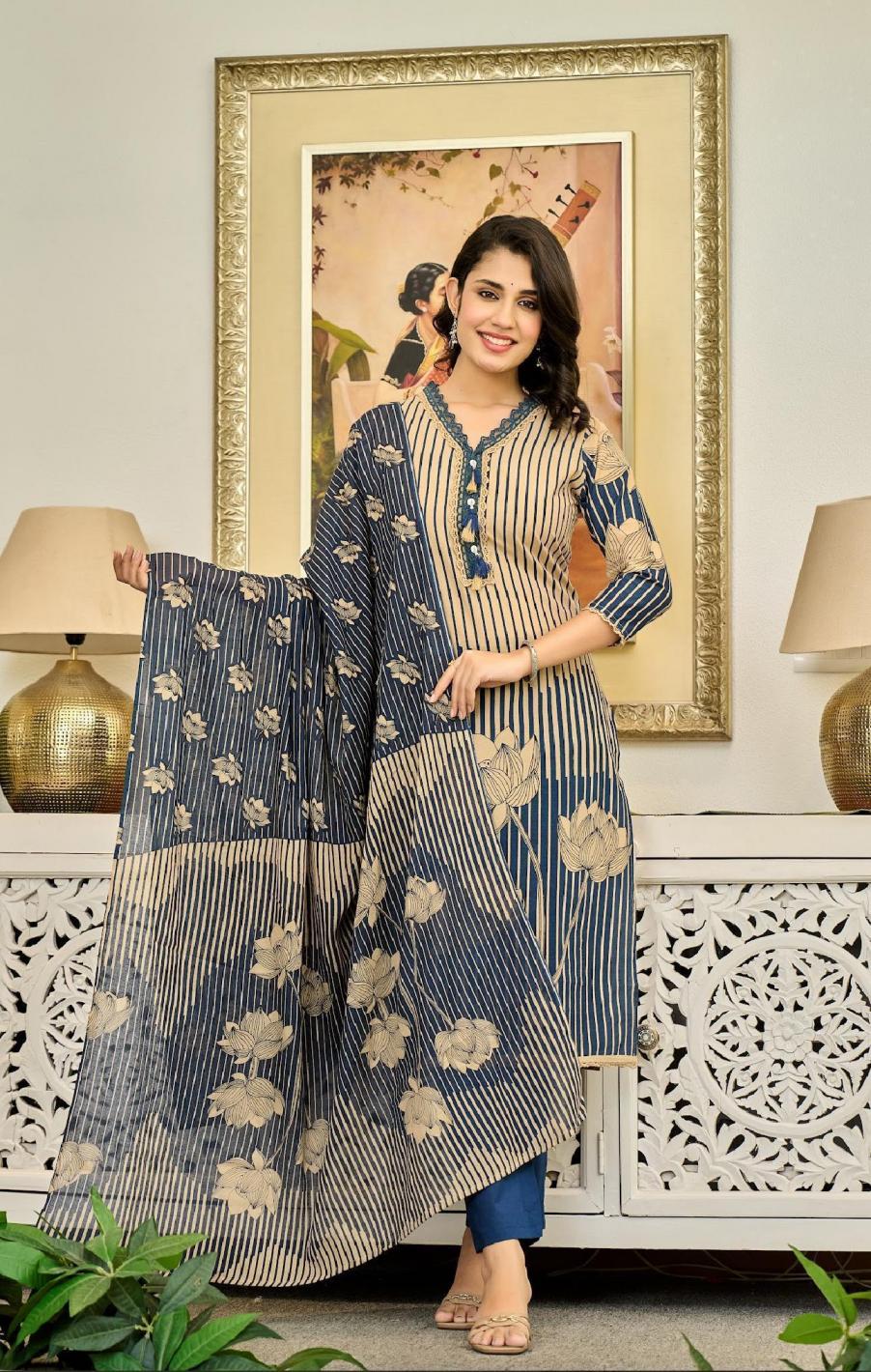 modern cotton hit design fully stitch stylish combo kurti pant dupatta set