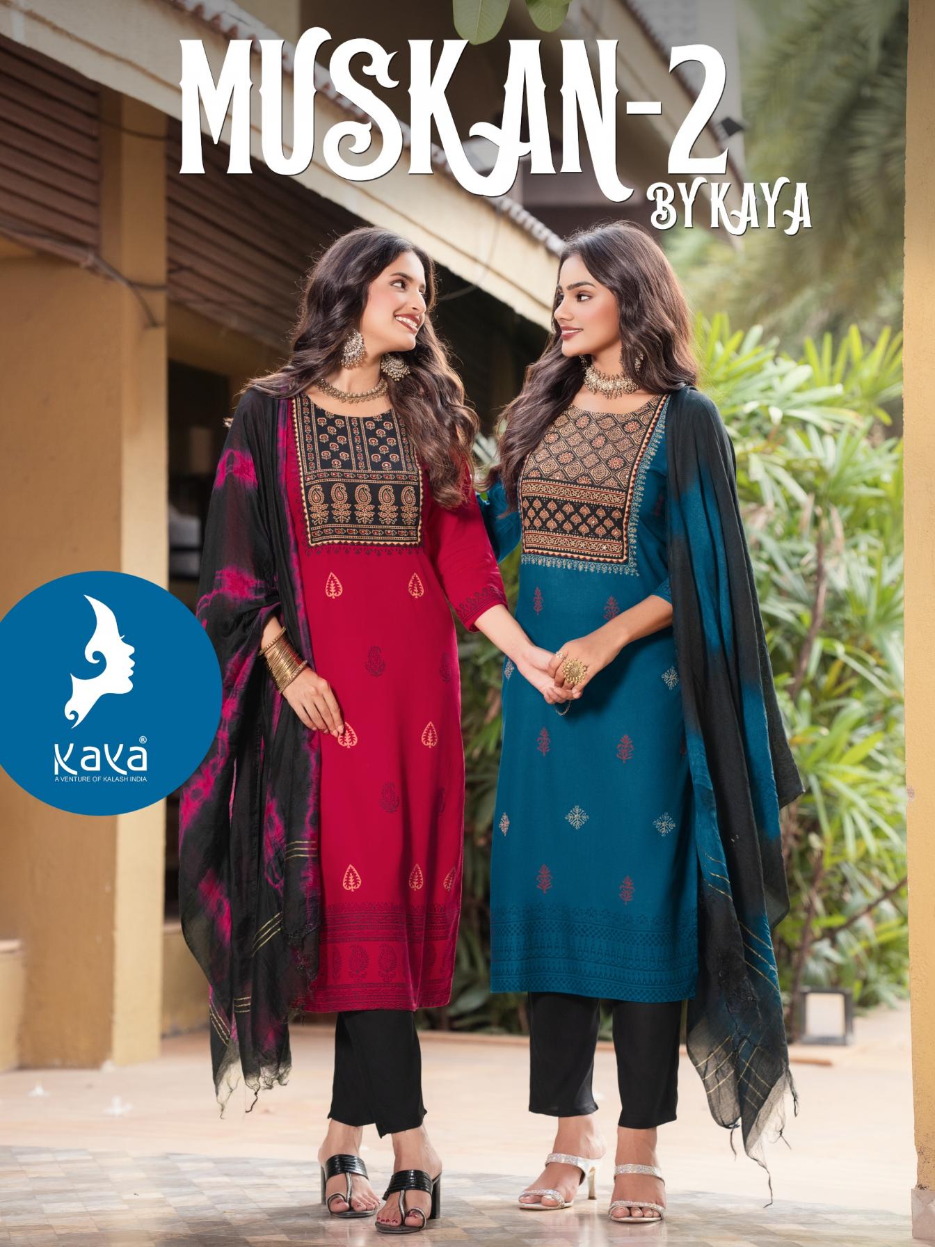 muskan vol 2 by kaya presents 3pcs rayon full stitched kurti bottom and dupatta 