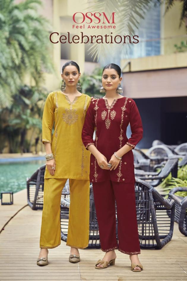 ossm launch celebrations viscose roman silk readymade stylish co-ord sets 