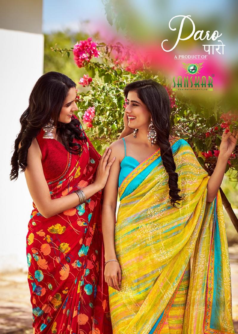 paro by sanskar tex prints bember georgette pretty look saree 